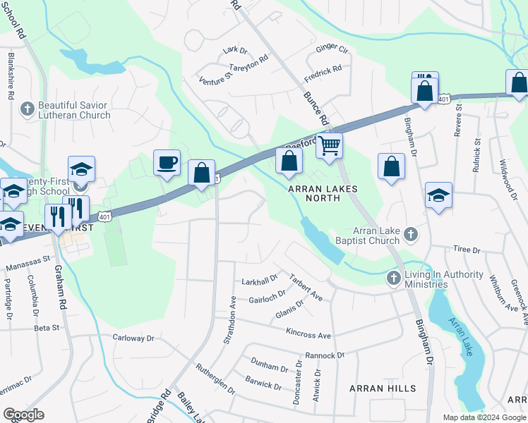 map of restaurants, bars, coffee shops, grocery stores, and more near 1123 Southwood Drive in Fayetteville