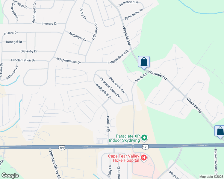 map of restaurants, bars, coffee shops, grocery stores, and more near 236 Fountain Grove Drive in Raeford