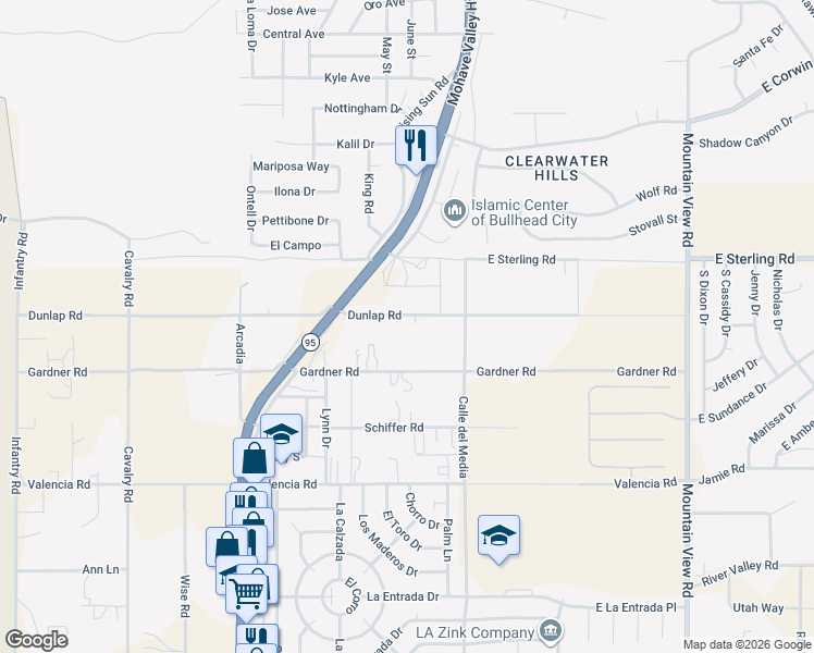 map of restaurants, bars, coffee shops, grocery stores, and more near 1680 Dunlap Road in Fort Mohave