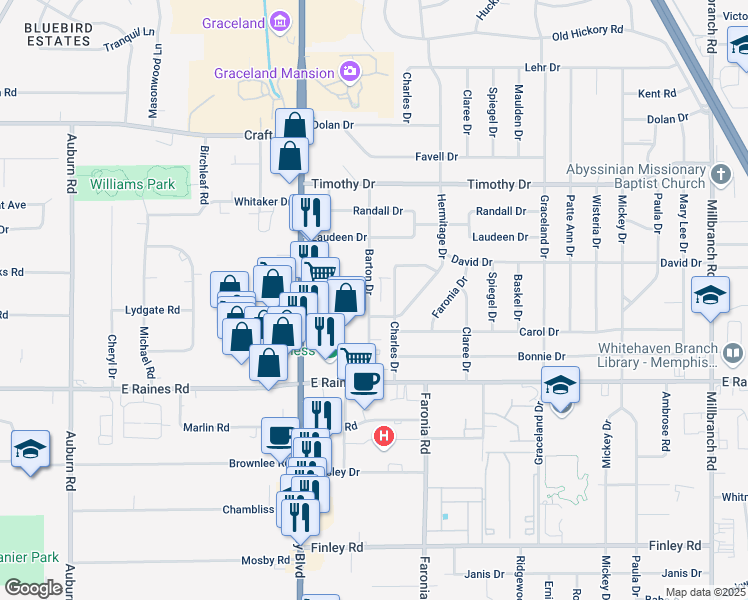 map of restaurants, bars, coffee shops, grocery stores, and more near 4040 Barton Drive in Memphis