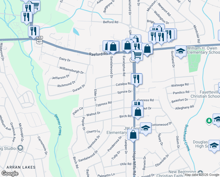 map of restaurants, bars, coffee shops, grocery stores, and more near 5203 Catalpa Road in Fayetteville