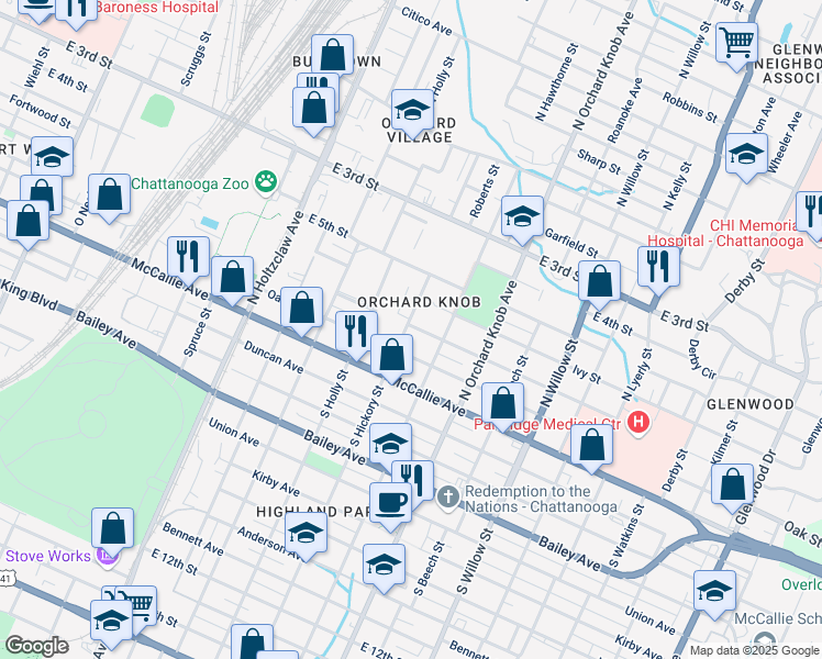 map of restaurants, bars, coffee shops, grocery stores, and more near 164 North Hickory Street in Chattanooga
