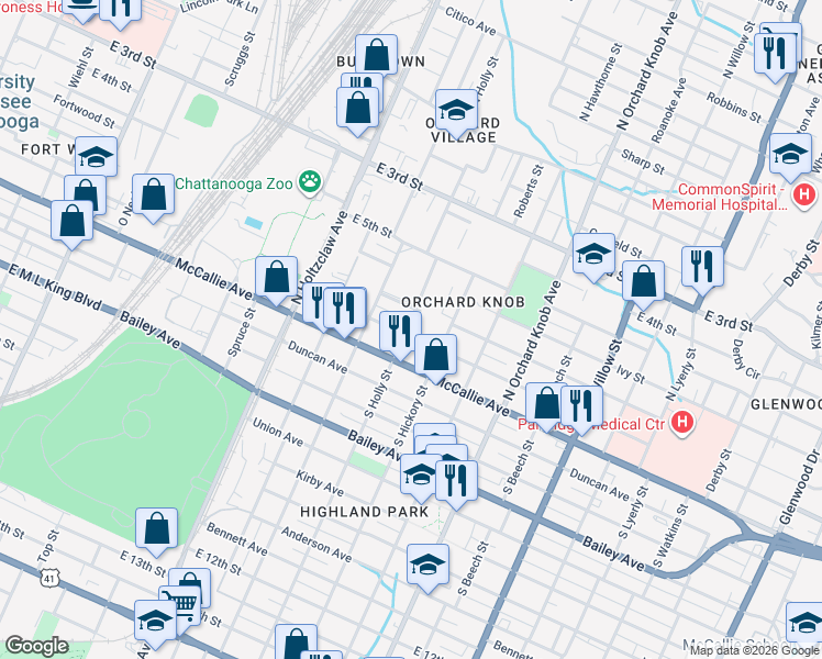 map of restaurants, bars, coffee shops, grocery stores, and more near 1601 Oak Street in Chattanooga