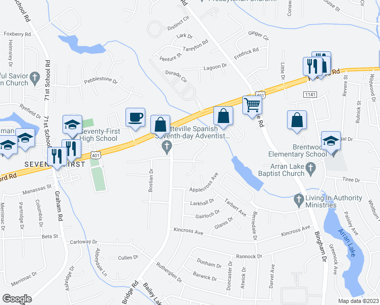 map of restaurants, bars, coffee shops, grocery stores, and more near 1140 Southwood Drive in Fayetteville
