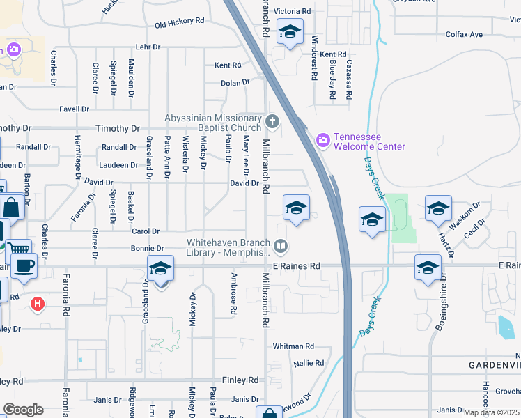 map of restaurants, bars, coffee shops, grocery stores, and more near 4037 Millbranch Road in Memphis