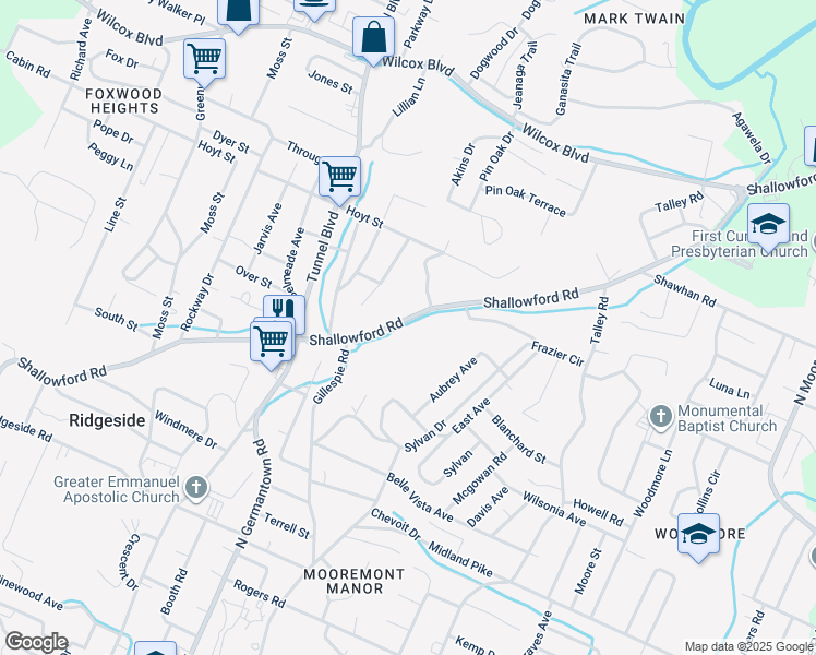 map of restaurants, bars, coffee shops, grocery stores, and more near 930 Shallowford Road in Chattanooga