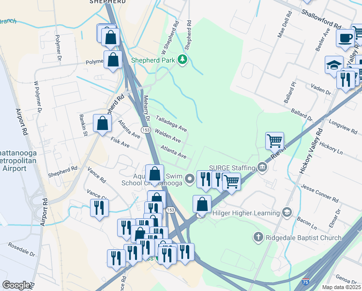 map of restaurants, bars, coffee shops, grocery stores, and more near 6320 Walden Avenue in Chattanooga