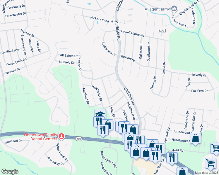 map of restaurants, bars, coffee shops, grocery stores, and more near 1690 Montrose Drive in Fayetteville