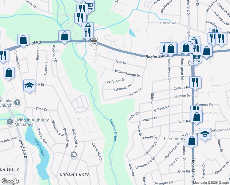map of restaurants, bars, coffee shops, grocery stores, and more near 333 Richmond Drive in Fayetteville