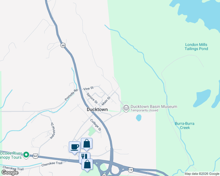 map of restaurants, bars, coffee shops, grocery stores, and more near 189 Hiwassee St in Copperhill