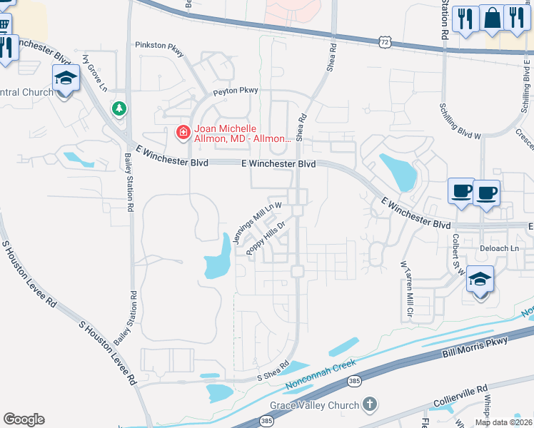 map of restaurants, bars, coffee shops, grocery stores, and more near 1647 Jennings Mill Lane in Collierville