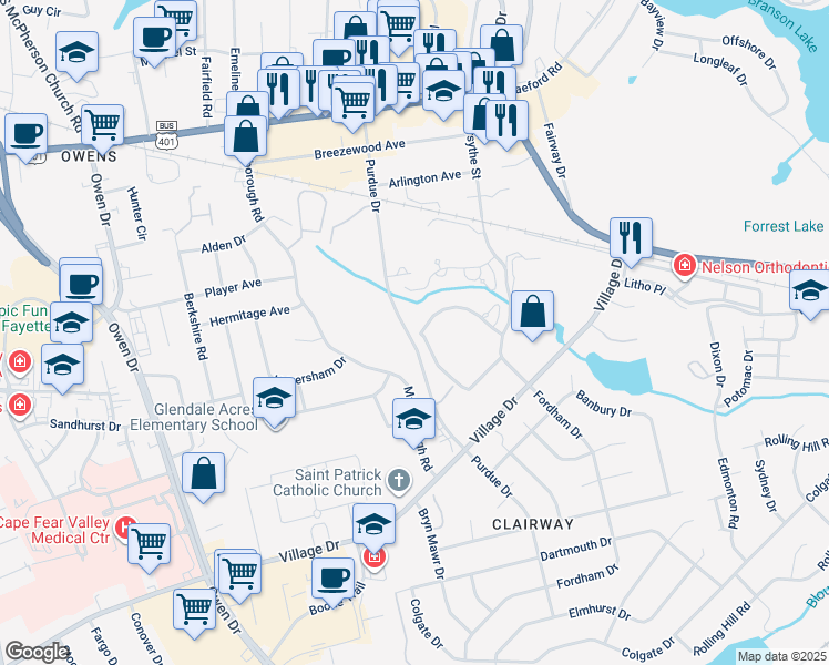 map of restaurants, bars, coffee shops, grocery stores, and more near 1782 Fordham Drive in Fayetteville