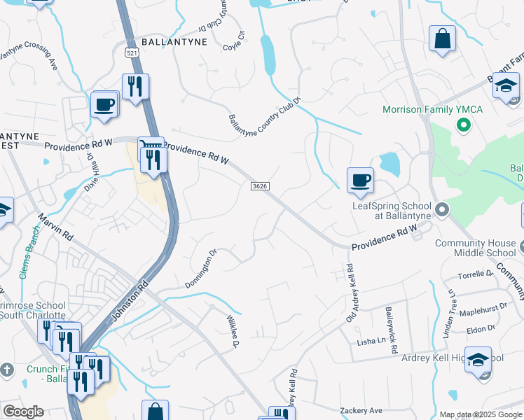 map of restaurants, bars, coffee shops, grocery stores, and more near 10533 Sutherby Drive in Charlotte