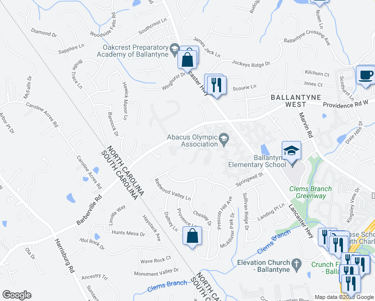 map of restaurants, bars, coffee shops, grocery stores, and more near 12335 Bluestem Lane in Charlotte