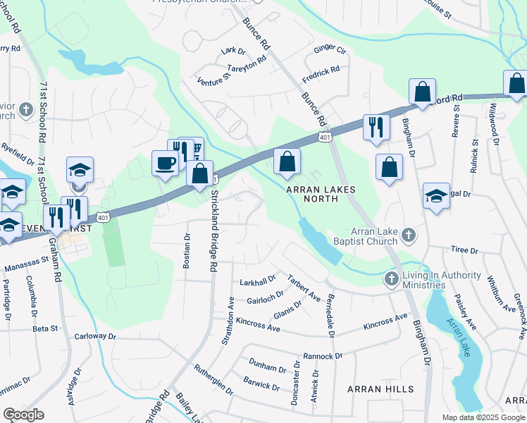 map of restaurants, bars, coffee shops, grocery stores, and more near 1123 Southwood Drive in Fayetteville