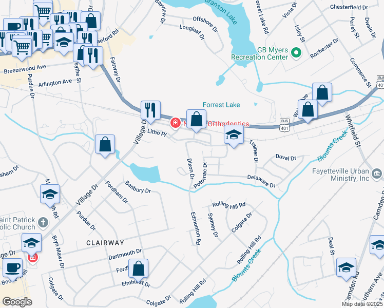 map of restaurants, bars, coffee shops, grocery stores, and more near 1511 Dixon Drive in Fayetteville