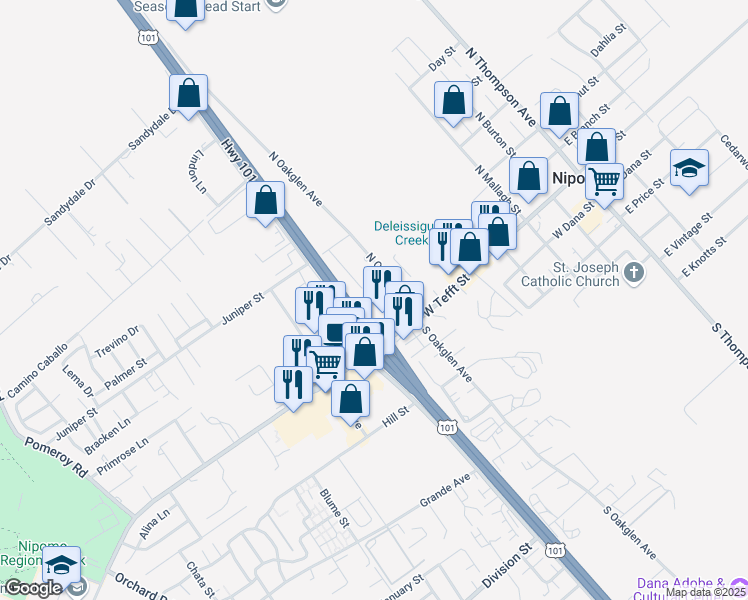 map of restaurants, bars, coffee shops, grocery stores, and more near 170 San Antonio Lane in Nipomo