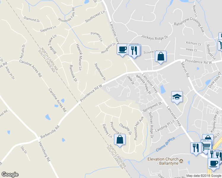 map of restaurants, bars, coffee shops, grocery stores, and more near 12507 Bluestem Lane in Charlotte