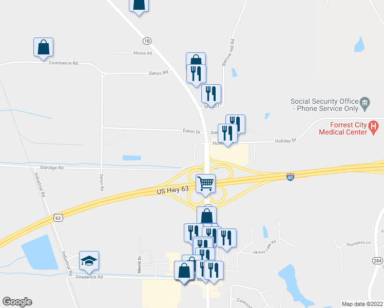 map of restaurants, bars, coffee shops, grocery stores, and more near 220 Eldridge Road in Forrest City