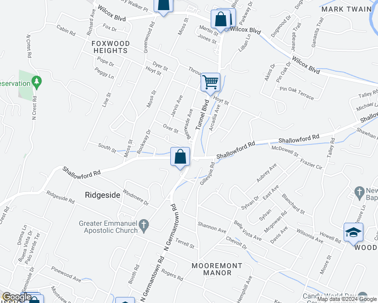 map of restaurants, bars, coffee shops, grocery stores, and more near 711 Tunnel Boulevard in Chattanooga
