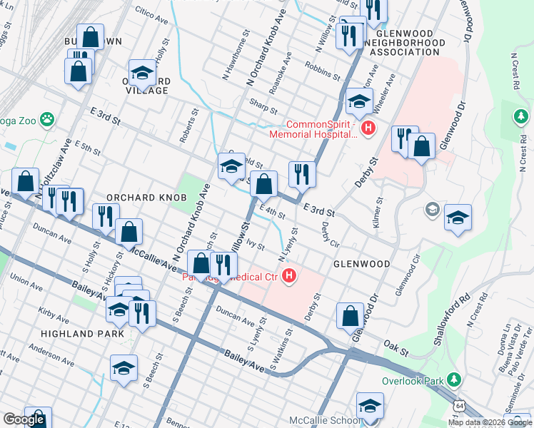 map of restaurants, bars, coffee shops, grocery stores, and more near 2112 East 4th Street in Chattanooga