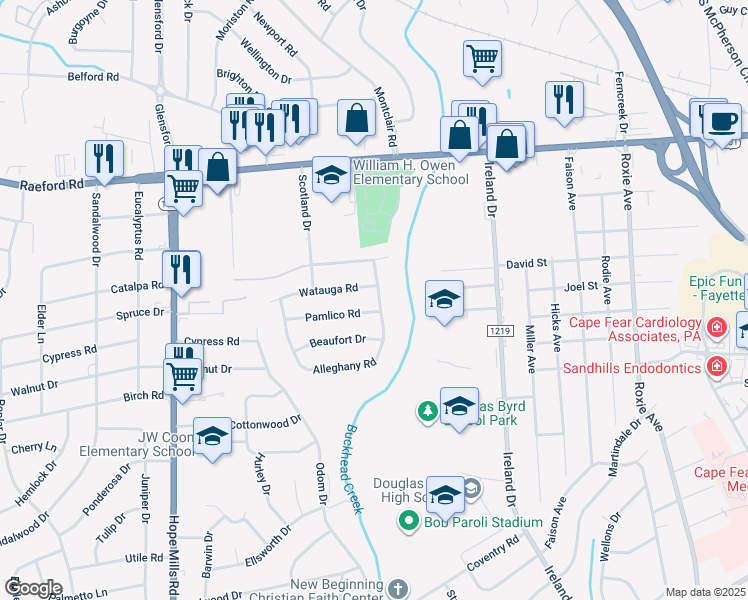 map of restaurants, bars, coffee shops, grocery stores, and more near 563 Alleghany Road in Fayetteville