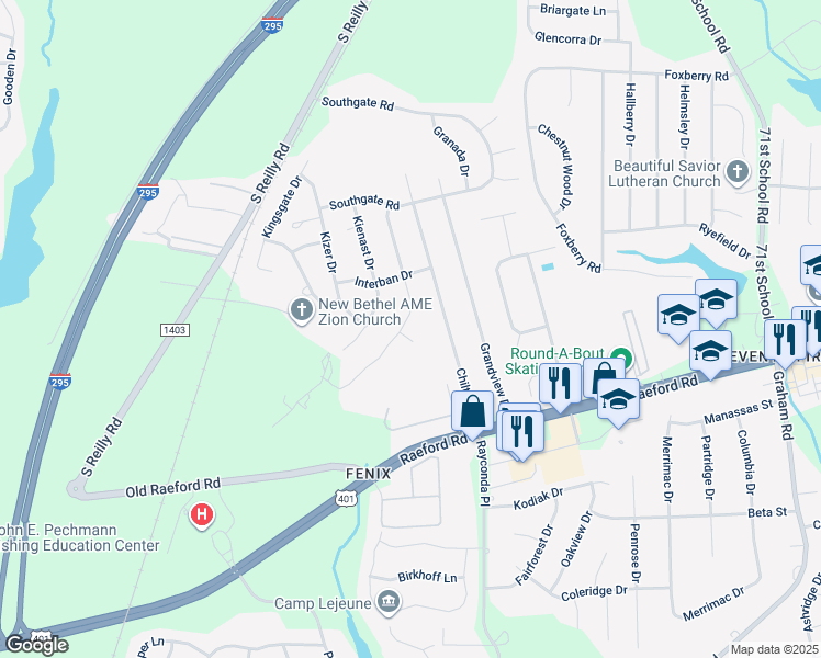 map of restaurants, bars, coffee shops, grocery stores, and more near 1323 Worstead Drive in Fayetteville