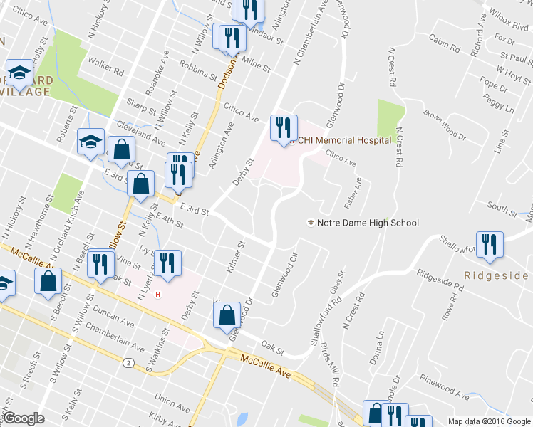 map of restaurants, bars, coffee shops, grocery stores, and more near 415 Glenwood Drive in Chattanooga