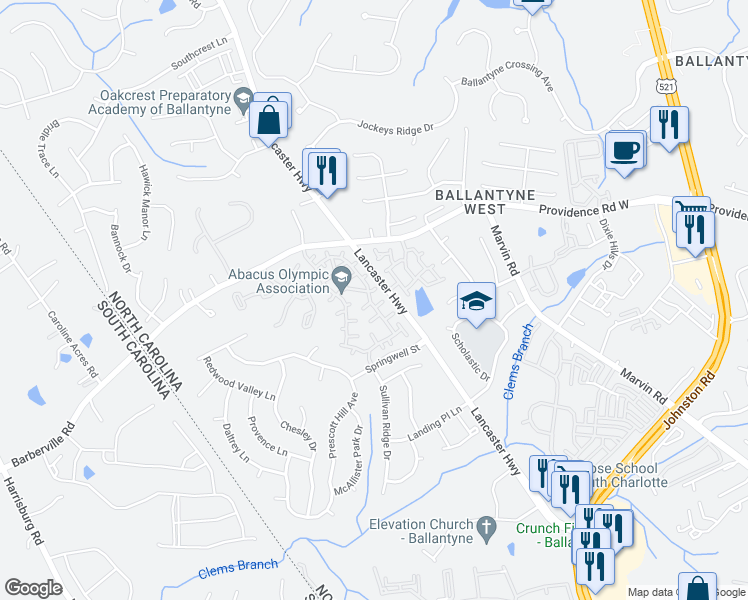 map of restaurants, bars, coffee shops, grocery stores, and more near 15445 Barossa Valley Street in Charlotte