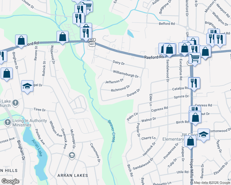 map of restaurants, bars, coffee shops, grocery stores, and more near 333 Richmond Drive in Fayetteville