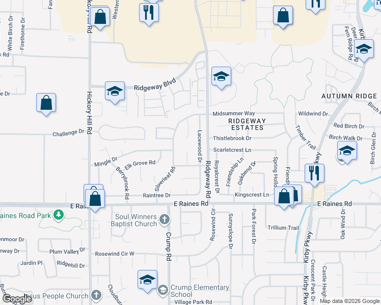 map of restaurants, bars, coffee shops, grocery stores, and more near 4033 Lacewood Drive in Memphis