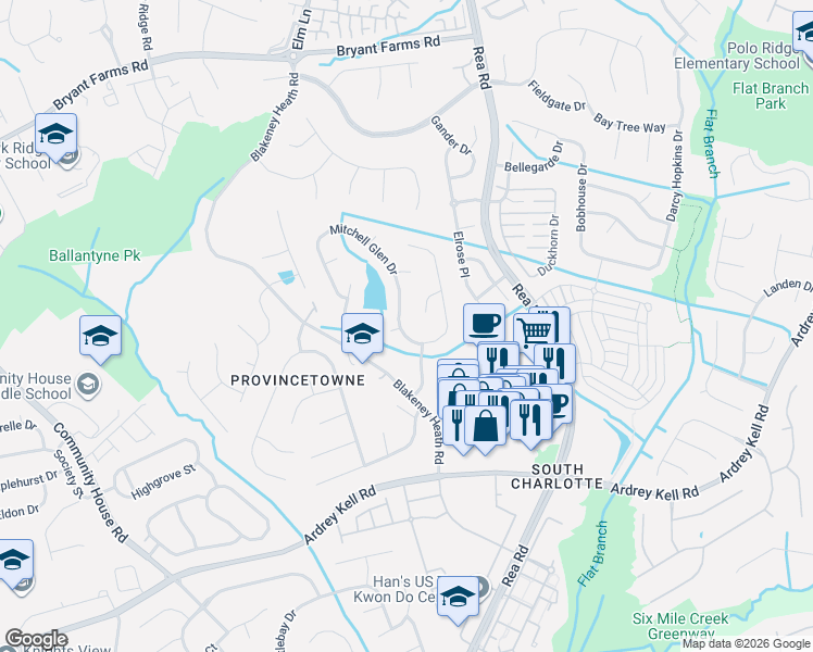 map of restaurants, bars, coffee shops, grocery stores, and more near 9607 Mitchell Glen Drive in Charlotte
