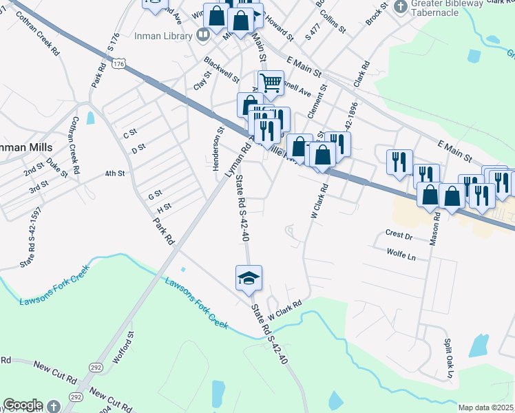 map of restaurants, bars, coffee shops, grocery stores, and more near 12 Pine Street in Inman