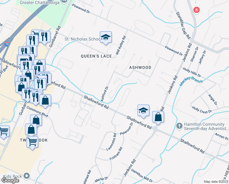 map of restaurants, bars, coffee shops, grocery stores, and more near 2433 Baskette Way in Chattanooga