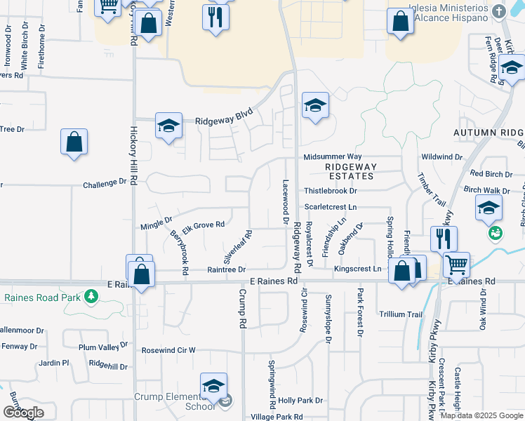 map of restaurants, bars, coffee shops, grocery stores, and more near 4040 Silverleaf Road in Memphis