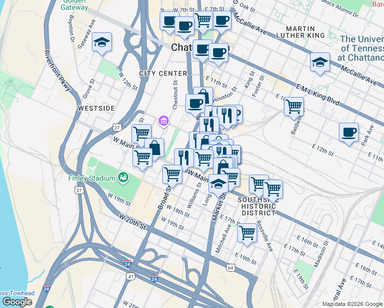 map of restaurants, bars, coffee shops, grocery stores, and more near 1405 Cowart Street in Chattanooga