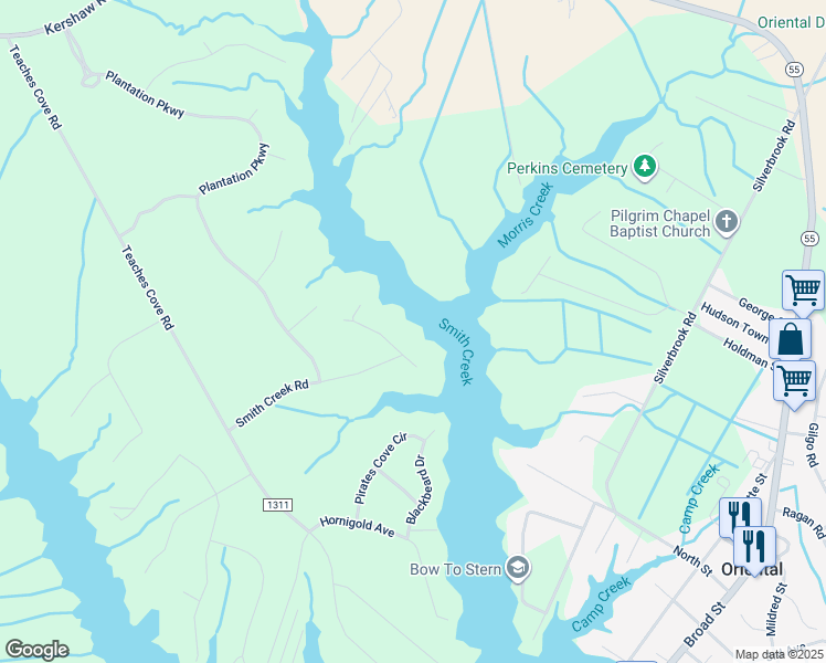 map of restaurants, bars, coffee shops, grocery stores, and more near 12 Spinnaker Point Road North in Oriental