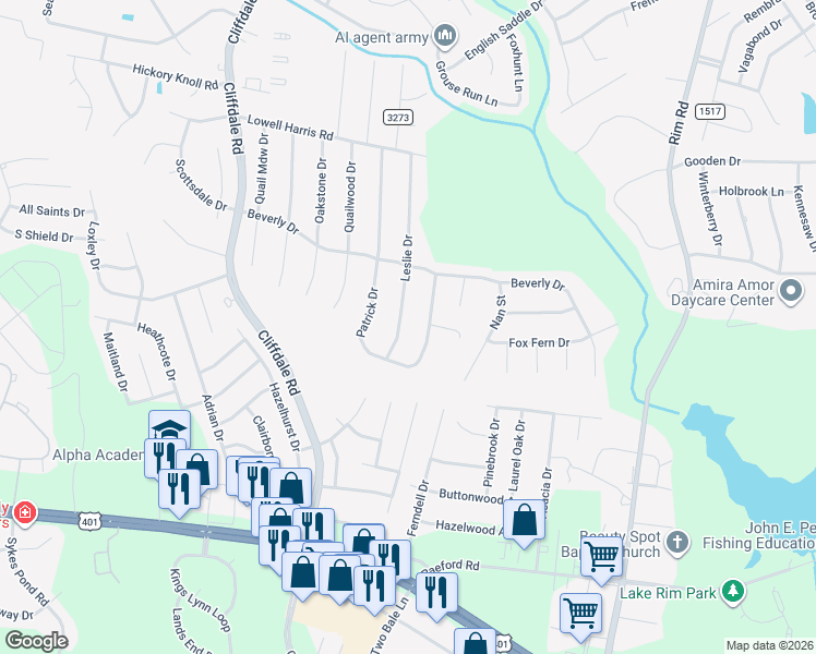 map of restaurants, bars, coffee shops, grocery stores, and more near 1127 Leslie Drive in Fayetteville