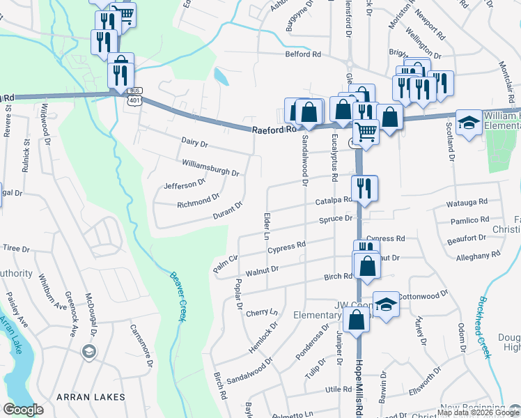 map of restaurants, bars, coffee shops, grocery stores, and more near 313 Durant Drive in Fayetteville