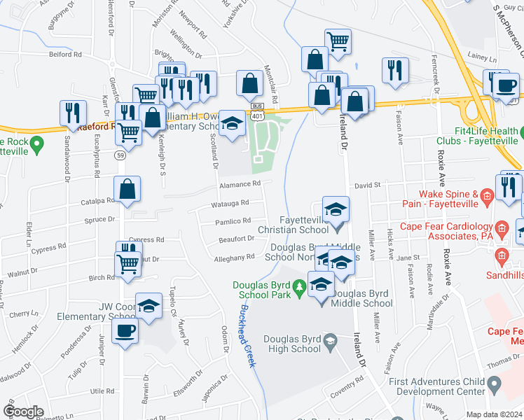 map of restaurants, bars, coffee shops, grocery stores, and more near 563 Alleghany Road in Fayetteville