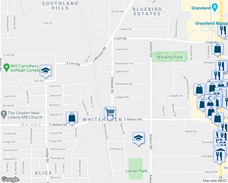 map of restaurants, bars, coffee shops, grocery stores, and more near 4034 Orleans Road in Memphis
