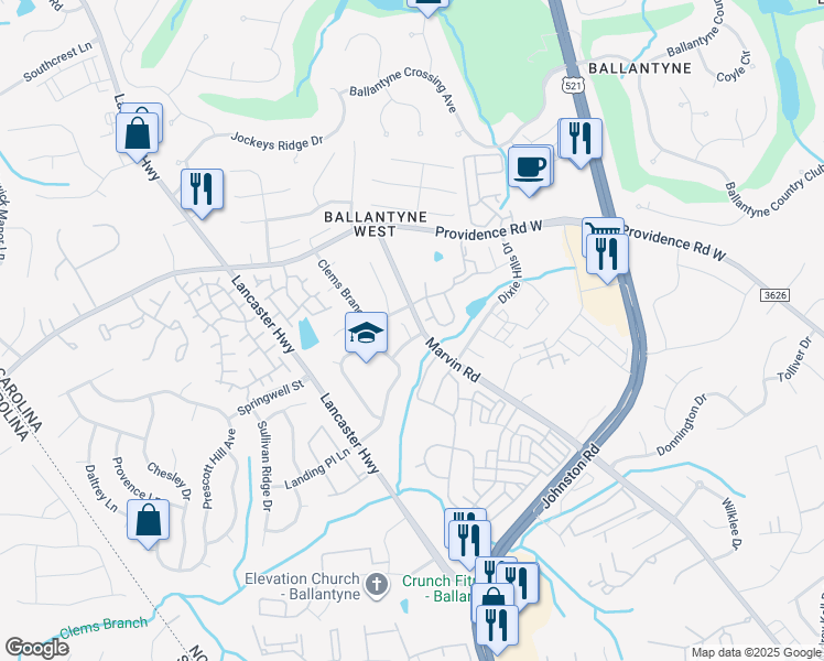 map of restaurants, bars, coffee shops, grocery stores, and more near 15423 Learning Lane in Charlotte