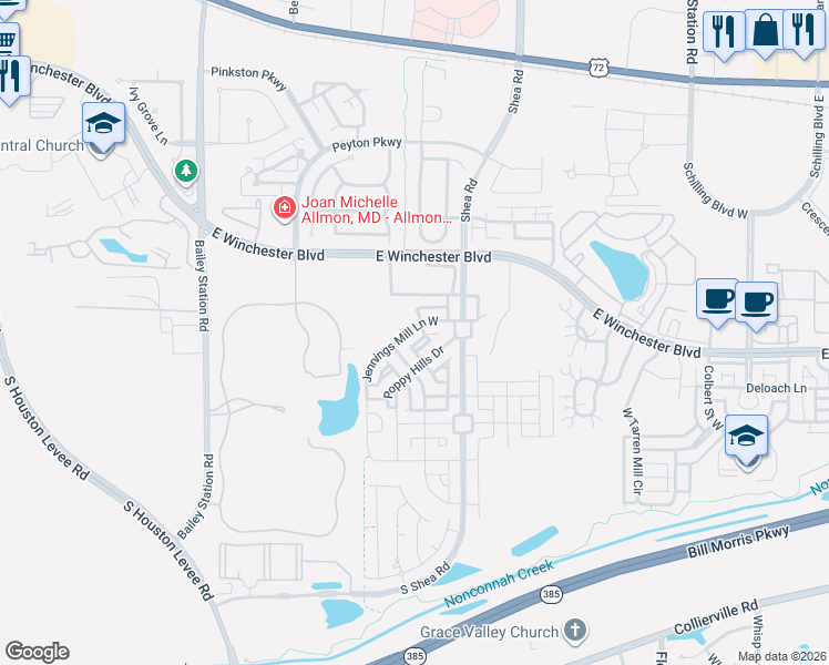 map of restaurants, bars, coffee shops, grocery stores, and more near 1637 Jennings Mill Lane West in Collierville