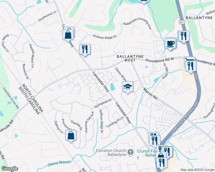 map of restaurants, bars, coffee shops, grocery stores, and more near 15348 Lavista Way in Charlotte