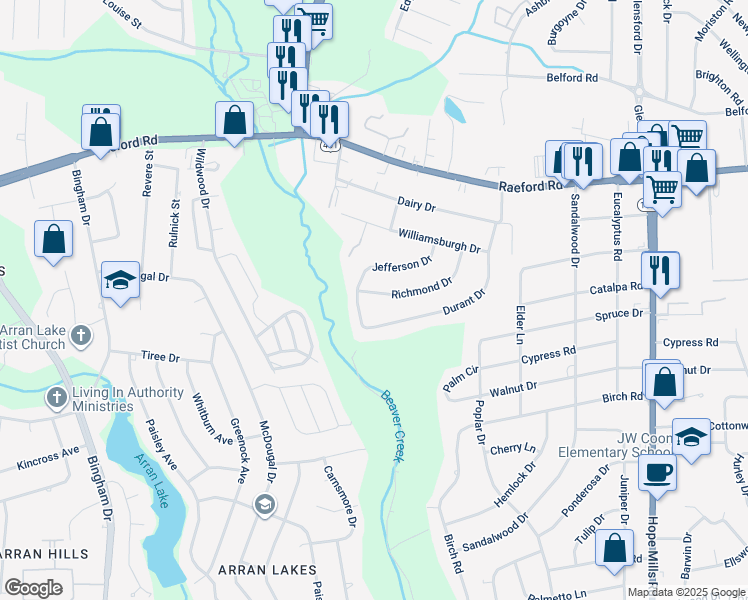 map of restaurants, bars, coffee shops, grocery stores, and more near 339 Richmond Drive in Fayetteville