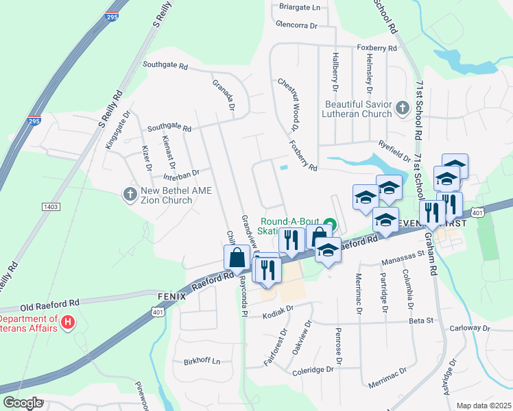 map of restaurants, bars, coffee shops, grocery stores, and more near 1619 Grandview Drive in Fayetteville