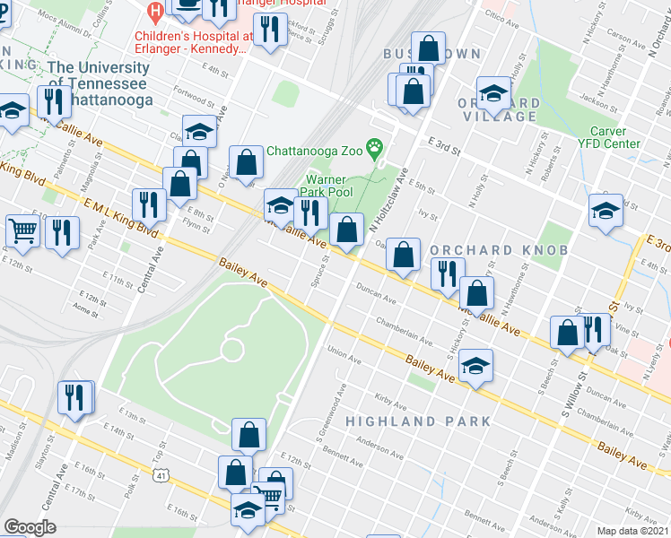 map of restaurants, bars, coffee shops, grocery stores, and more near 1207 Duncan Avenue in Chattanooga