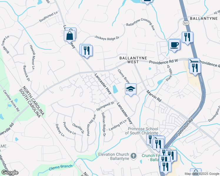 map of restaurants, bars, coffee shops, grocery stores, and more near 15348 Lavista Way in Charlotte