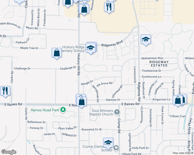 map of restaurants, bars, coffee shops, grocery stores, and more near 4040 Mingle Cove in Memphis