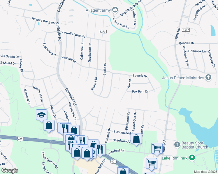 map of restaurants, bars, coffee shops, grocery stores, and more near 1223 Patrick Drive in Fayetteville